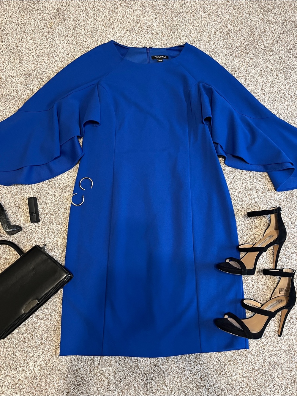 Roz & Ali Blue Ruffled Sheath Dress with Bell Sleeves